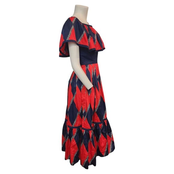 Vintage Mignon Dress 70s 80s Festive Party Retro Red Blue Vtg Diamond Print XS/S - Picture 3 of 14